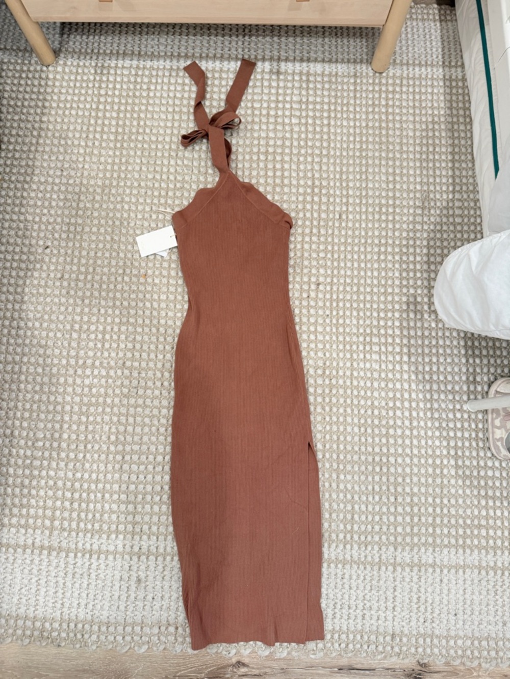 Aritzia Rust Brown Tie-Shoulder Ribbed Maxi Dress
